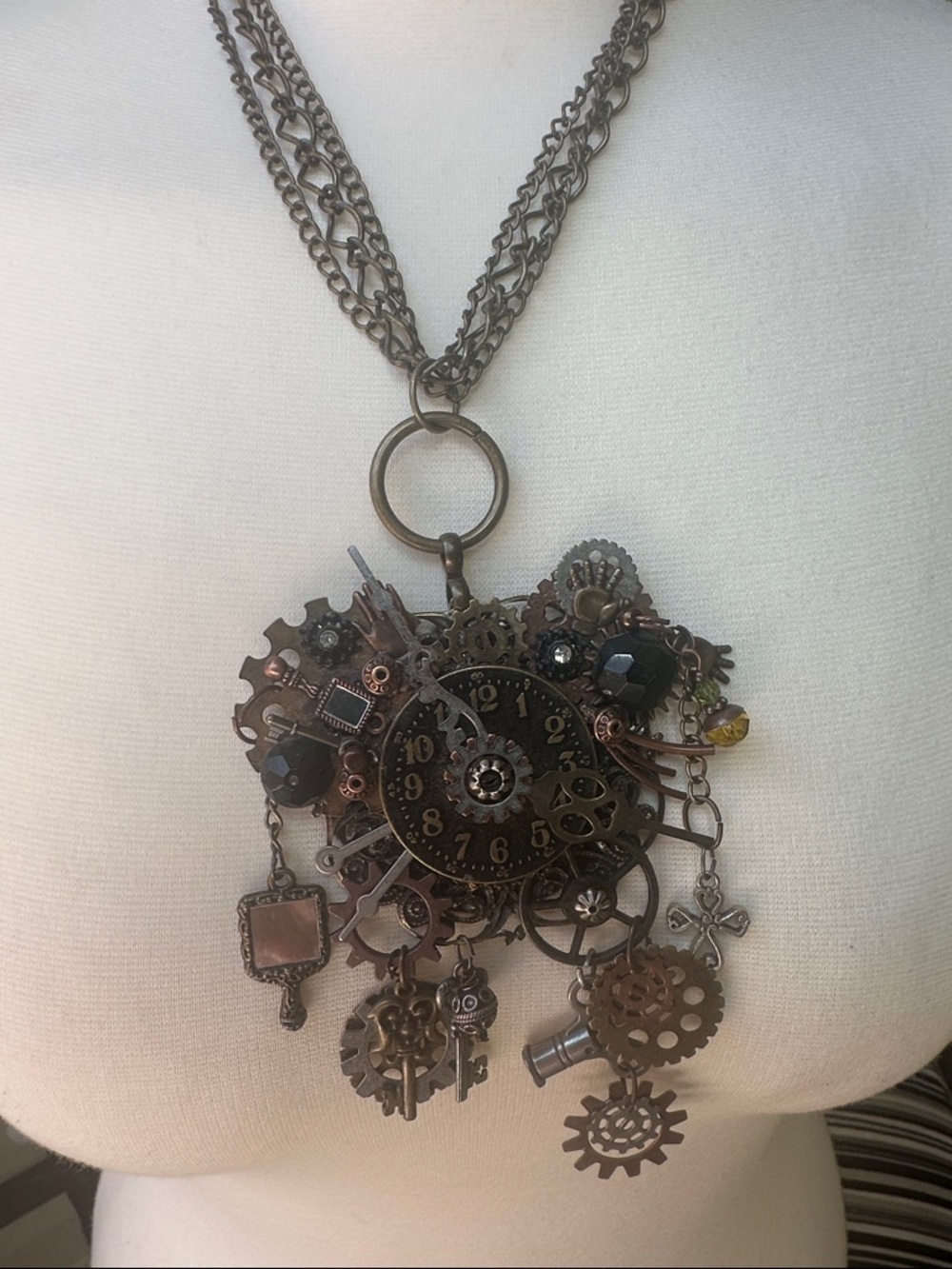Handmade Steampunk Necklace with Gears, Clocks, and Keys – Vintage-Inspired